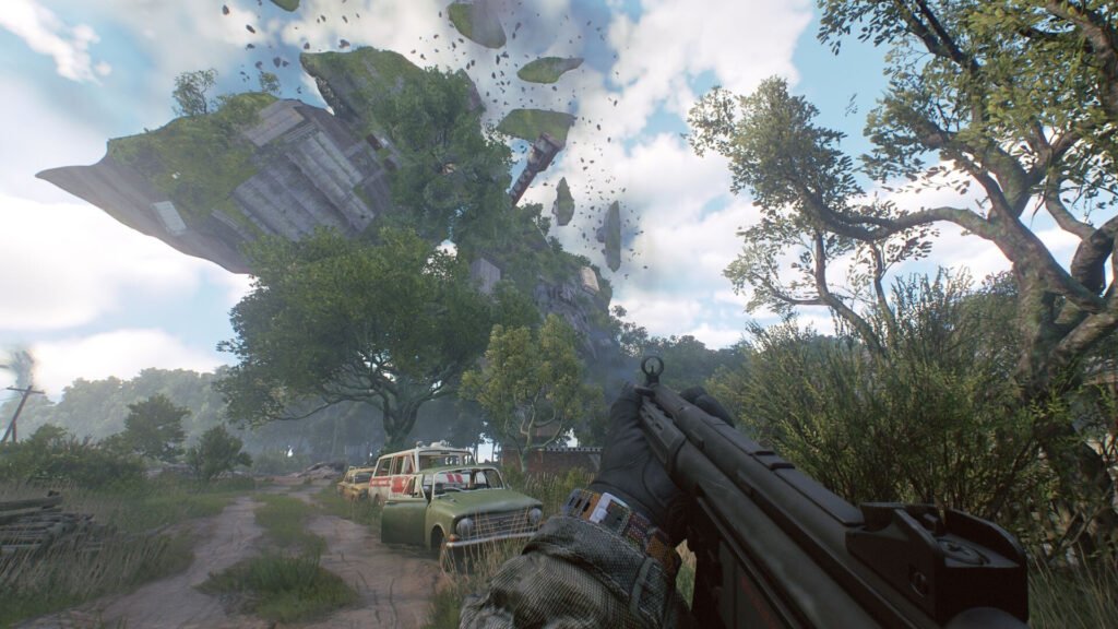 Active Matter first-person gameplay showing a fractured multiverse environment